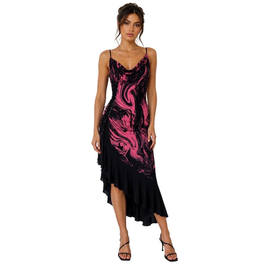 Janine Pink Black Marble Swirl Asymmetric Ruffle Cowl Neck Midi Dress Small Y2K